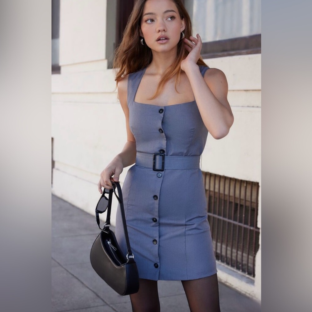Belted Button Down Gray Work Dress